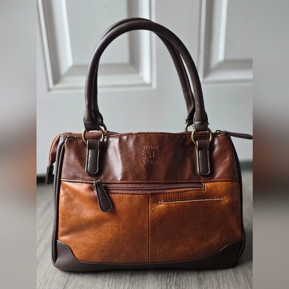 Stone & Co Genuine Leather Satchel Cognac Boho Distressed Vintage Two-Tone - Picture 3 of 8